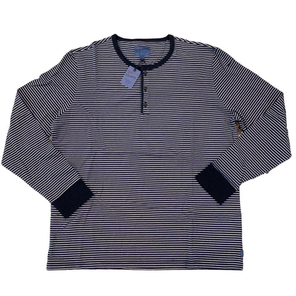 NWT - Lucky Brand Men's Navy and Cream Striped Henley Tee - SIZE XXL